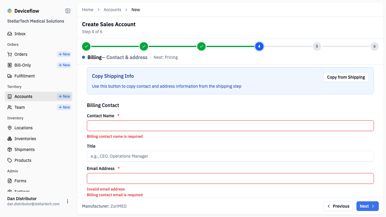 Step 5: Validation error when primary contact is missing