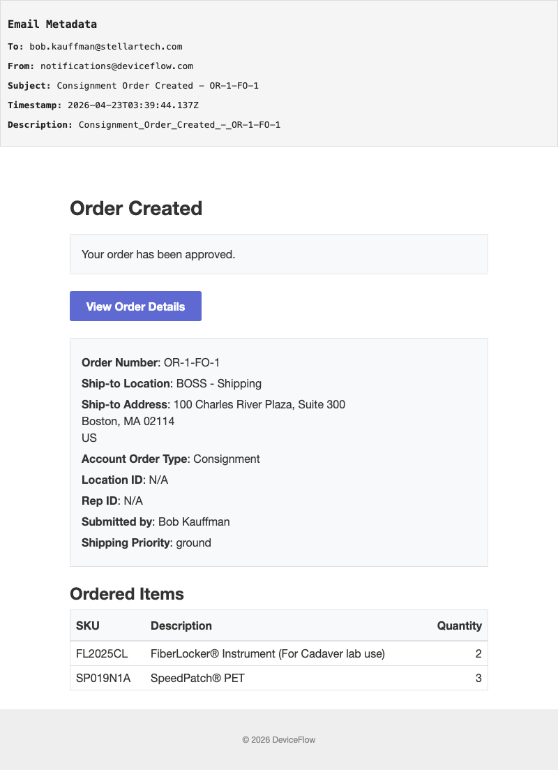Consignment Order Created - OR-1-FO-1