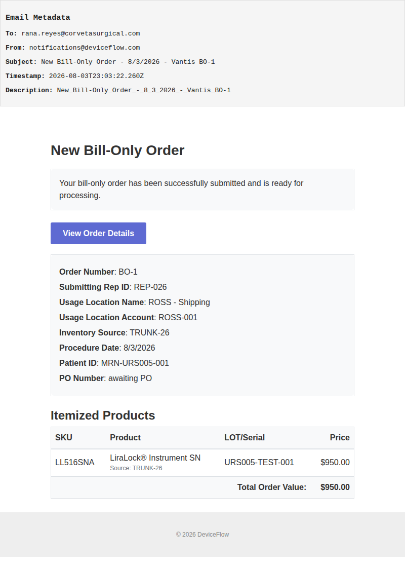New Bill-Only Order - 8/3/2026 - Vantis BO-1