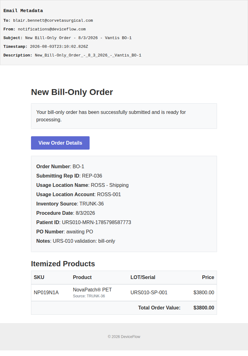 New Bill-Only Order - 8/3/2026 - Vantis BO-1