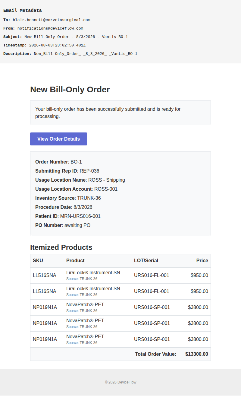 New Bill-Only Order - 8/3/2026 - Vantis BO-1