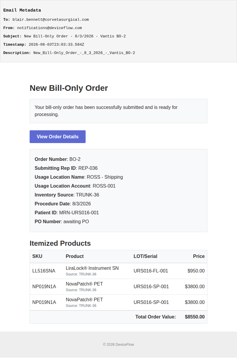 New Bill-Only Order - 8/3/2026 - Vantis BO-2