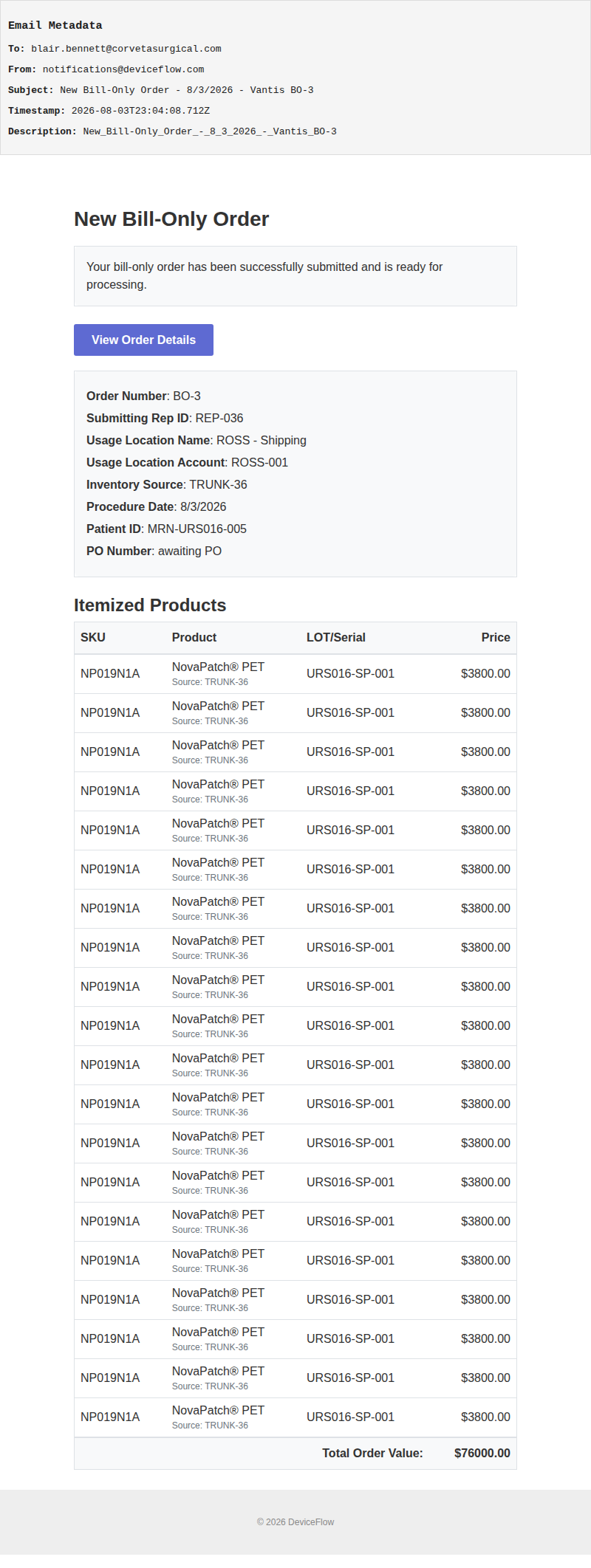 New Bill-Only Order - 8/3/2026 - Vantis BO-3