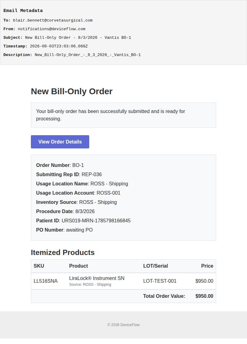 New Bill-Only Order - 8/3/2026 - Vantis BO-1