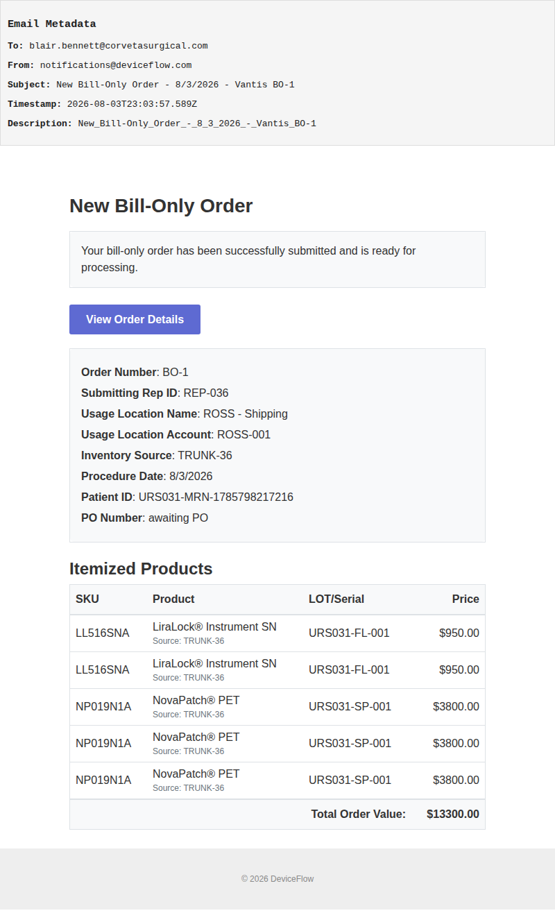 New Bill-Only Order - 8/3/2026 - Vantis BO-1