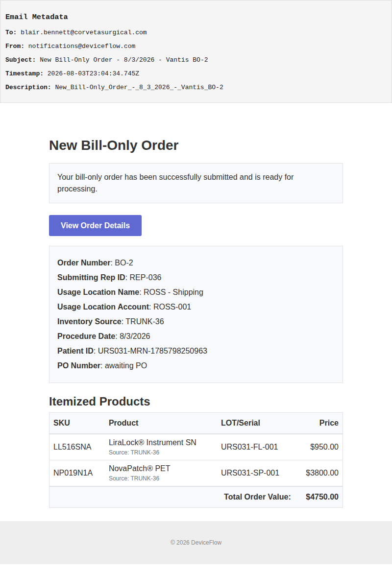 New Bill-Only Order - 8/3/2026 - Vantis BO-2