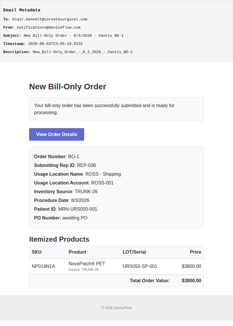New Bill-Only Order - 8/3/2026 - Vantis BO-1