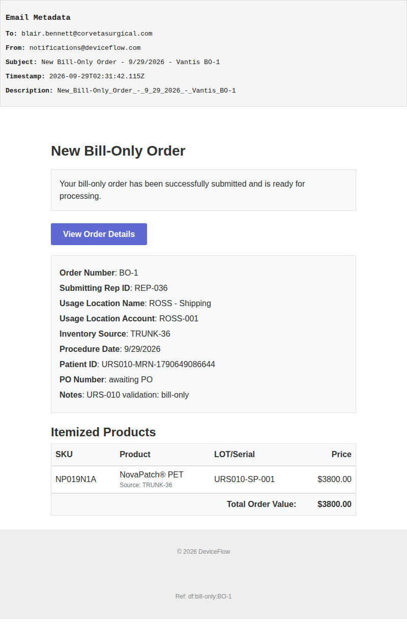 New Bill-Only Order - 9/29/2026 - Vantis BO-1