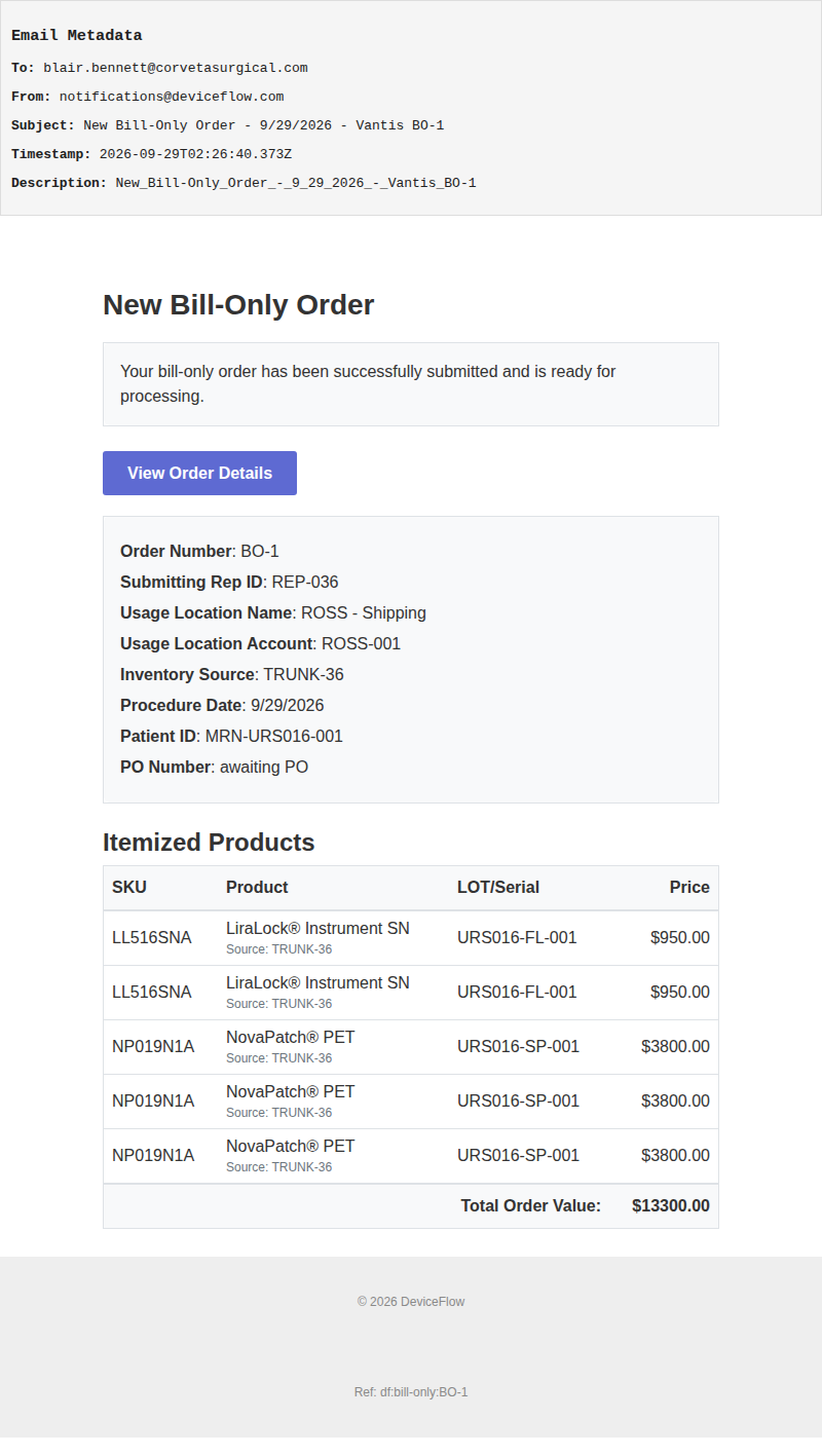 New Bill-Only Order - 9/29/2026 - Vantis BO-1