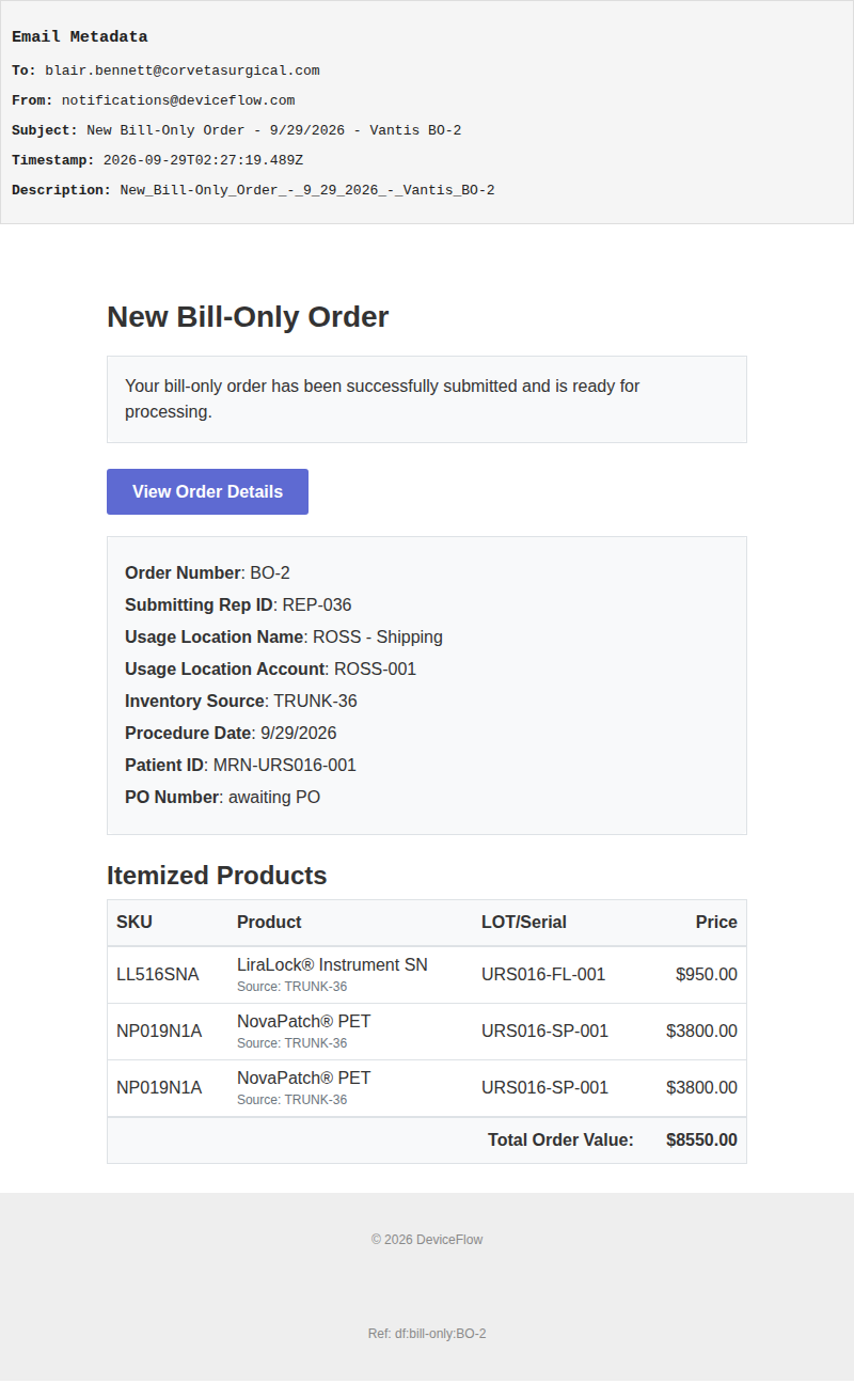 New Bill-Only Order - 9/29/2026 - Vantis BO-2