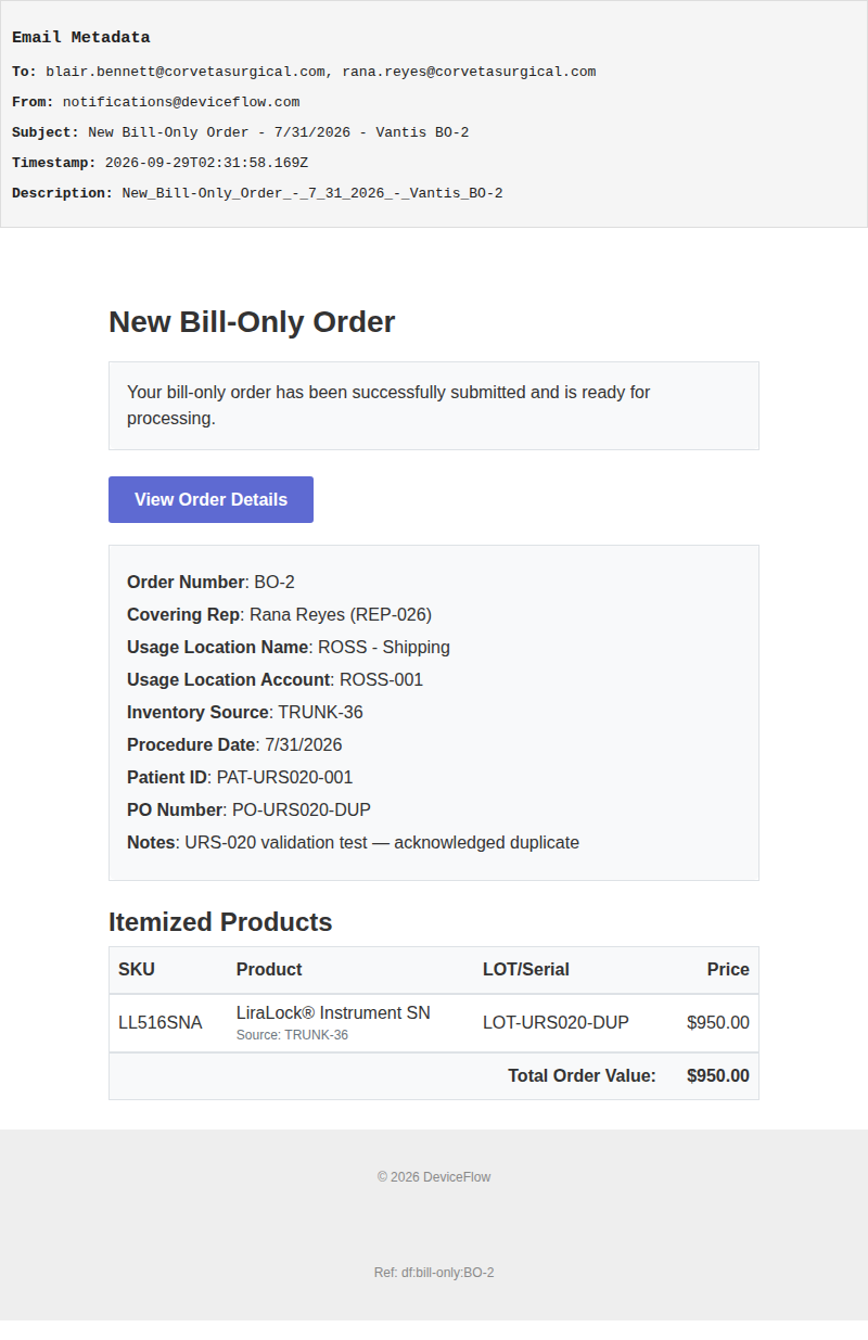 New Bill-Only Order - 7/31/2026 - Vantis BO-2