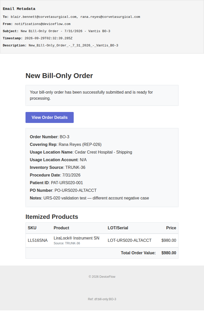 New Bill-Only Order - 7/31/2026 - Vantis BO-3