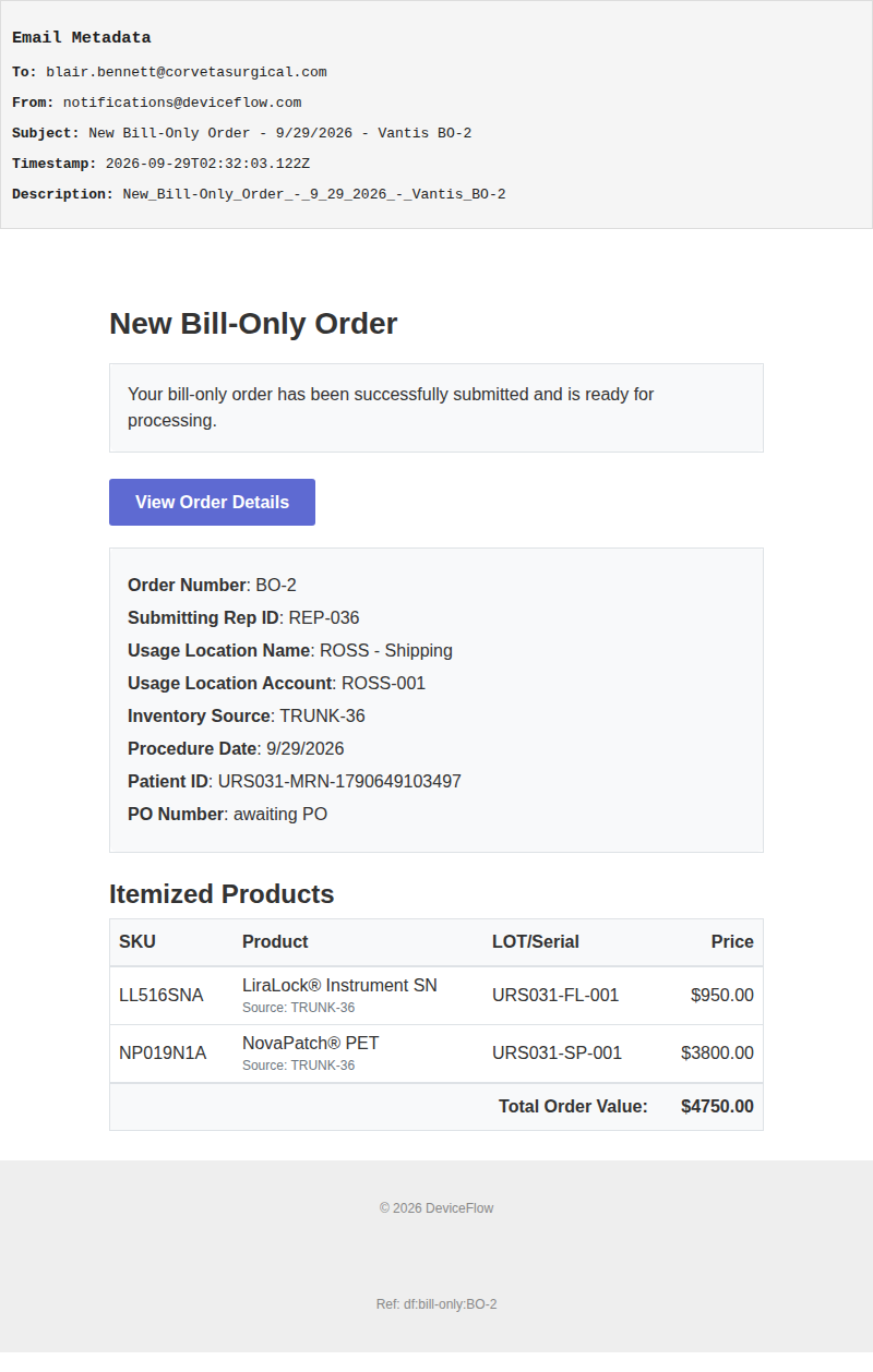 New Bill-Only Order - 9/29/2026 - Vantis BO-2