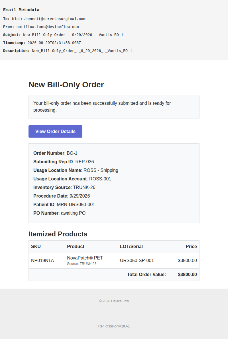 New Bill-Only Order - 9/29/2026 - Vantis BO-1