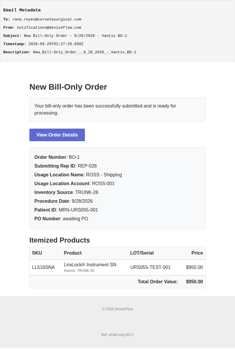 New Bill-Only Order - 9/28/2026 - Vantis BO-1