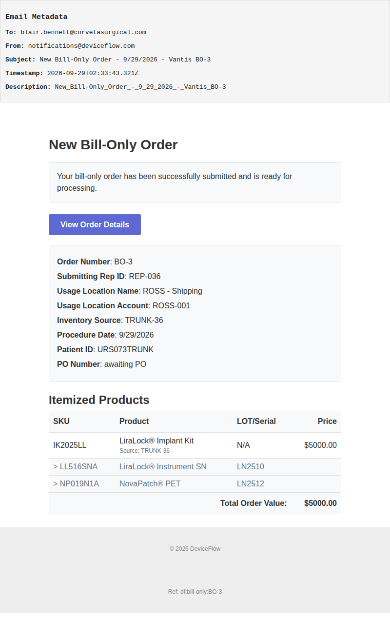 New Bill-Only Order - 9/29/2026 - Vantis BO-3