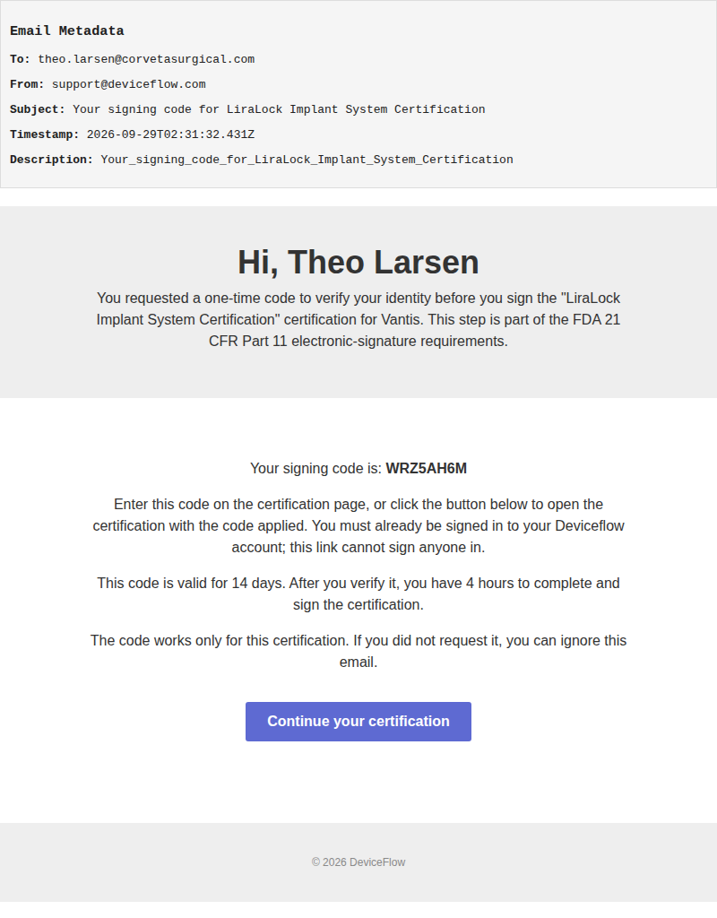 Your signing code for LiraLock Implant System Certification