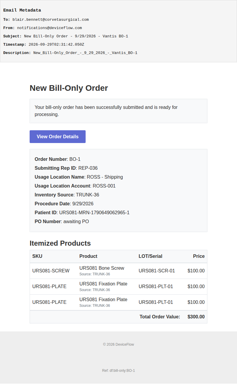 New Bill-Only Order - 9/29/2026 - Vantis BO-1