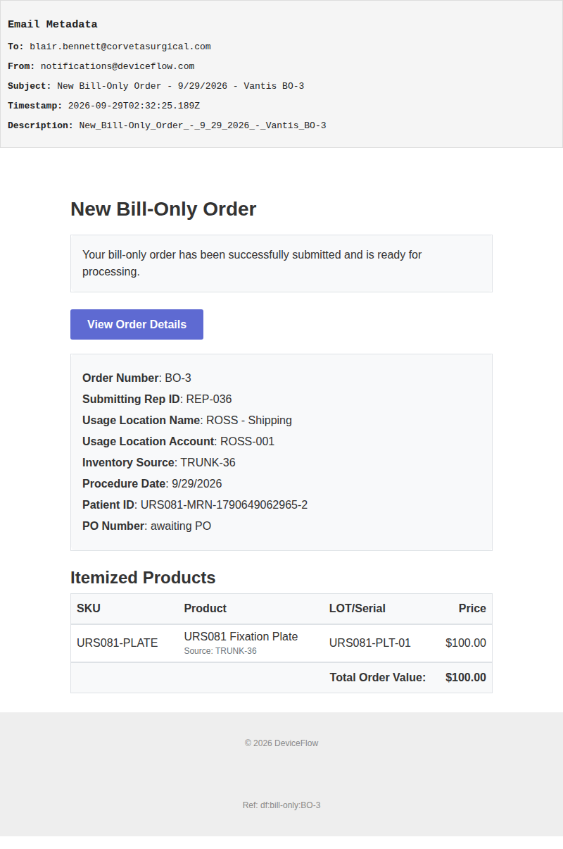 New Bill-Only Order - 9/29/2026 - Vantis BO-3